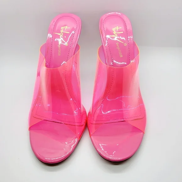 NEW Hot Pink Clear Peeptoe Mule Heels Sz 7 - Picture 11 of 14